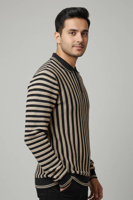 Old Money Noir Striped Polo Sweatshirt 🖤✨ | Quiet Luxury Prep Fit