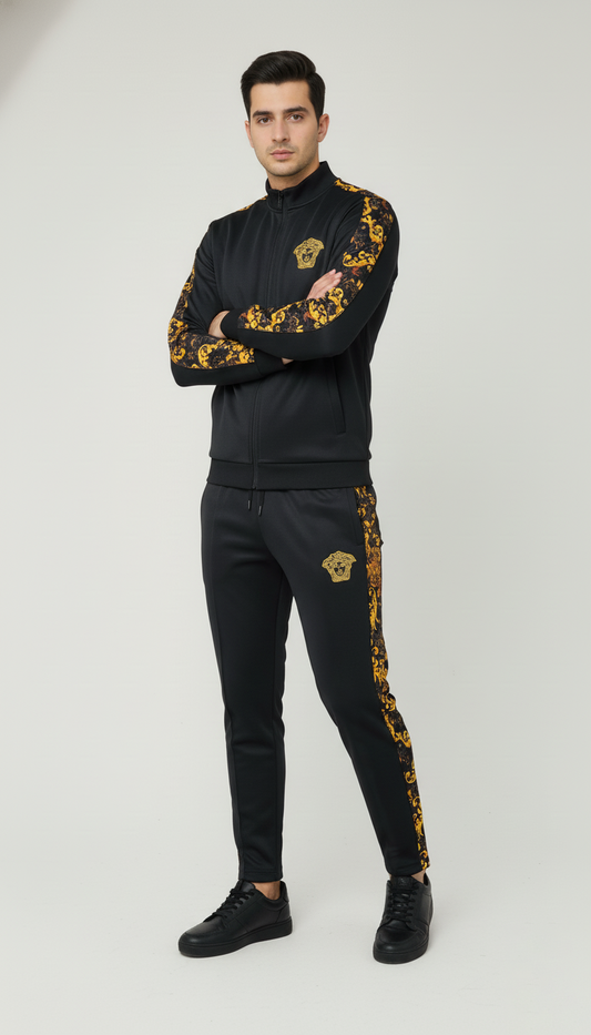 🖤 Men’s Black Luxury Tracksuit with Gold Baroque Side Panels ✨