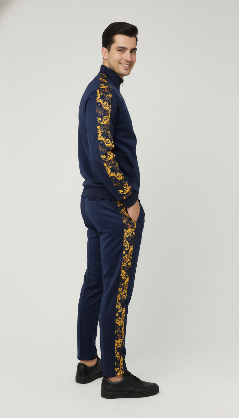 💙 Men’s Navy Blue Luxury Tracksuit with Gold Baroque Side Panels ✨