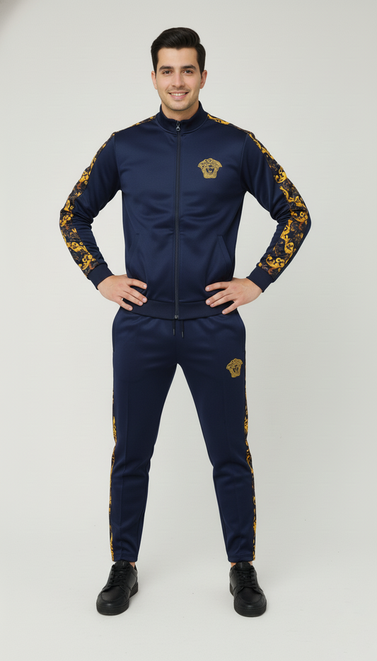 💙 Men’s Navy Blue Luxury Tracksuit with Gold Baroque Side Panels ✨