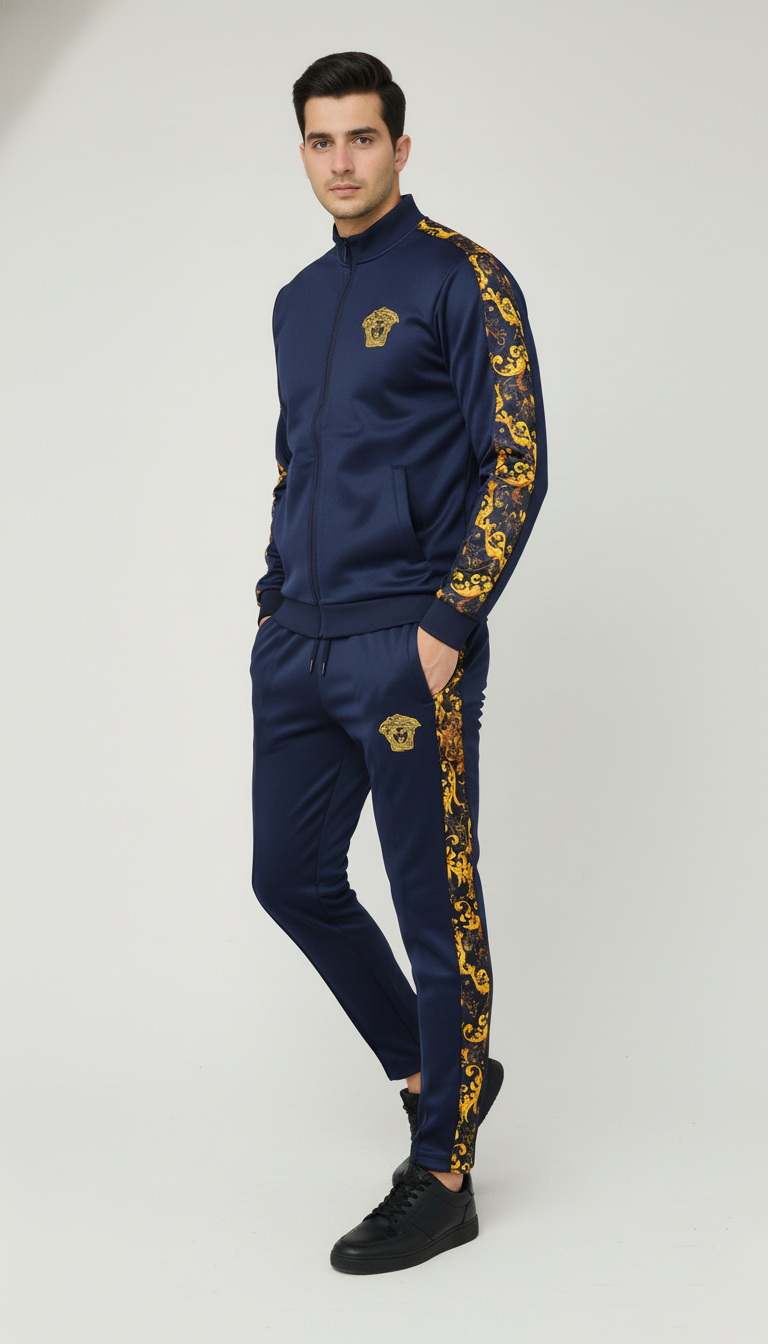 💙 Men’s Navy Blue Luxury Tracksuit with Gold Baroque Side Panels ✨