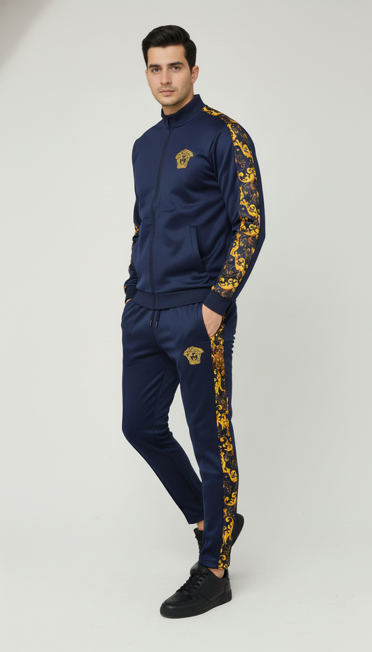 💙 Men’s Navy Blue Luxury Tracksuit with Gold Baroque Side Panels ✨