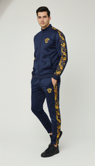 💙 Men’s Navy Blue Luxury Tracksuit with Gold Baroque Side Panels ✨